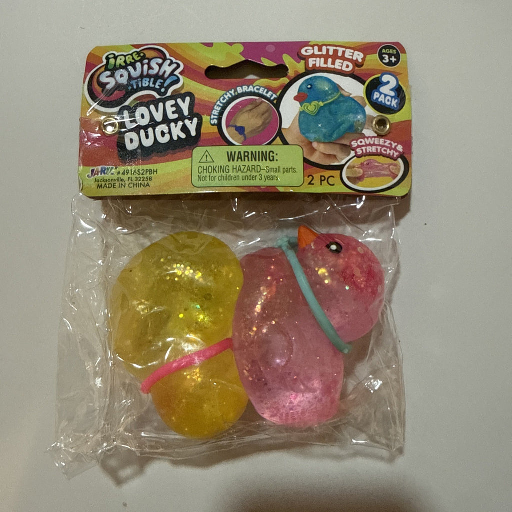 Lovey Ducky Glitter Squeeze Toys 2 Pack Pink Blue Squishy Ja-Ru W/ Bracelets