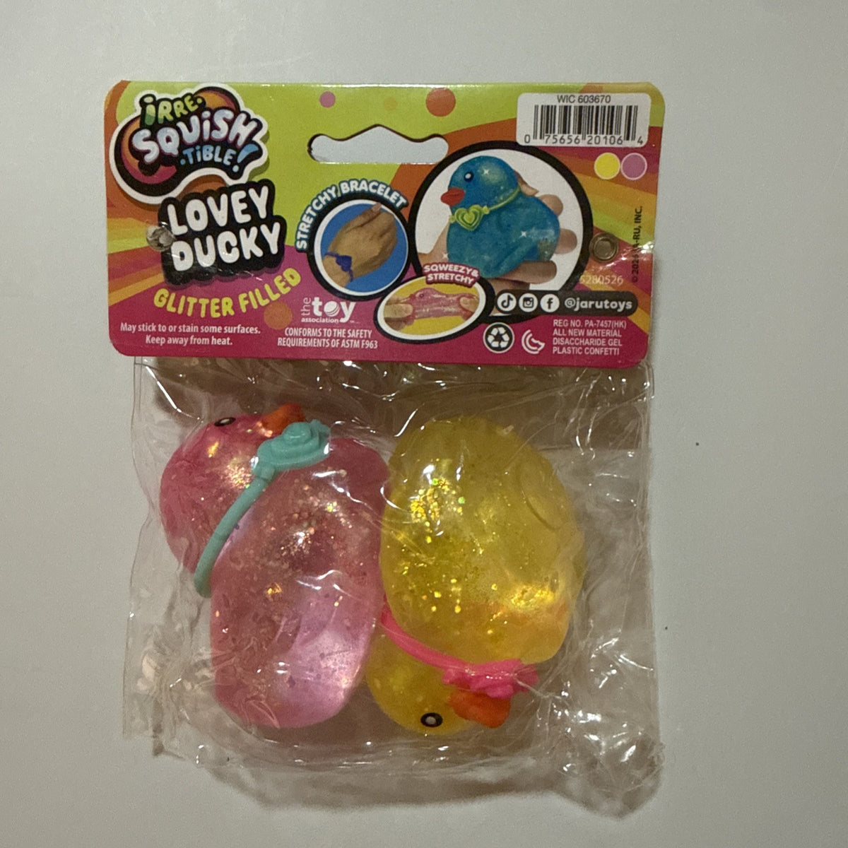 Lovey Ducky Glitter Squeeze Toys 2 Pack Pink Blue Squishy Ja-Ru W/ Bracelets